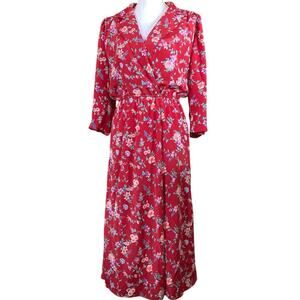 Red Floral Retro 80s 90s Boho Summer Spring Flowy V neck ballet long sleeve MED